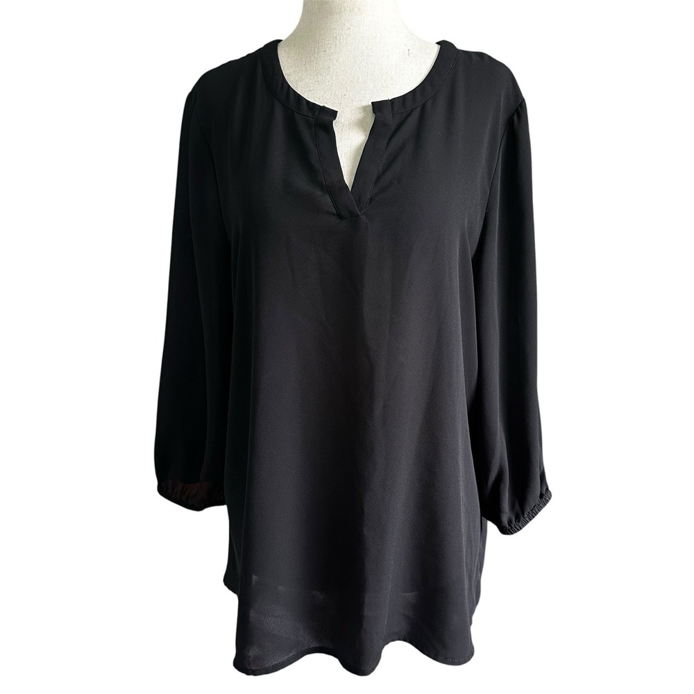 Pleione Black Blouse Women's  Top Size Medium Bishop Split Crew | 13-32